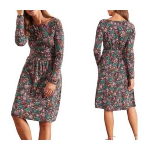 Boden Abigail Dress 8 Long Sleeve Leaf Print Stretch Jersey Pockets Thanksgiving - Picture 2 of 14